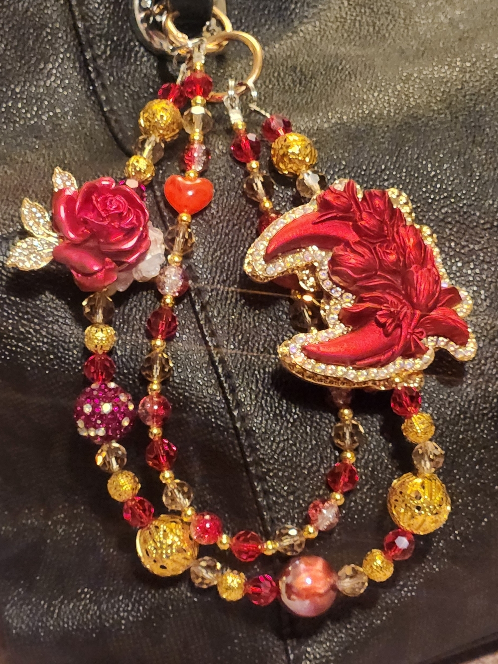 Red Floral Crescent Purse/Phone Charm